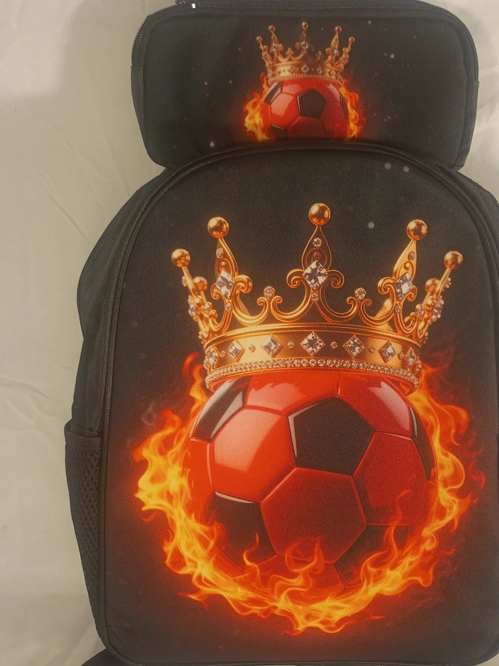 Kids Black Backpack with Red Flame Soccer Design